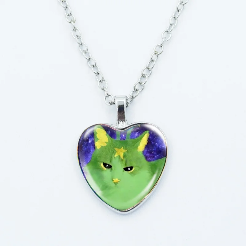 Kreative lustige Katzen-Memes-Herz-Anhänger-Halskette, Tierform, Kunstfoto, Glas-Cabochon-Schmuck, für Kinder und Frauen – Detail 15