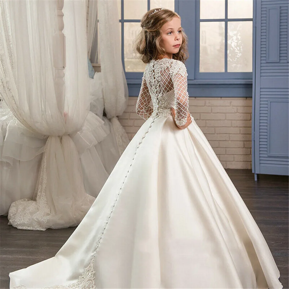 Luxus Satin Langarm Blumen mädchen Kleider für Hochzeit formale Kind Festzug Prinzessin Kinder heilige Kommunion Kleid mit Zug