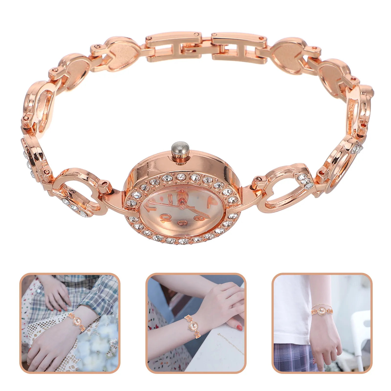Fashion Rose Gold Rhinestone Heart Quartz Watch Women Birthday Gift Digital Wrist Decoration Stylish Unique Timepiece