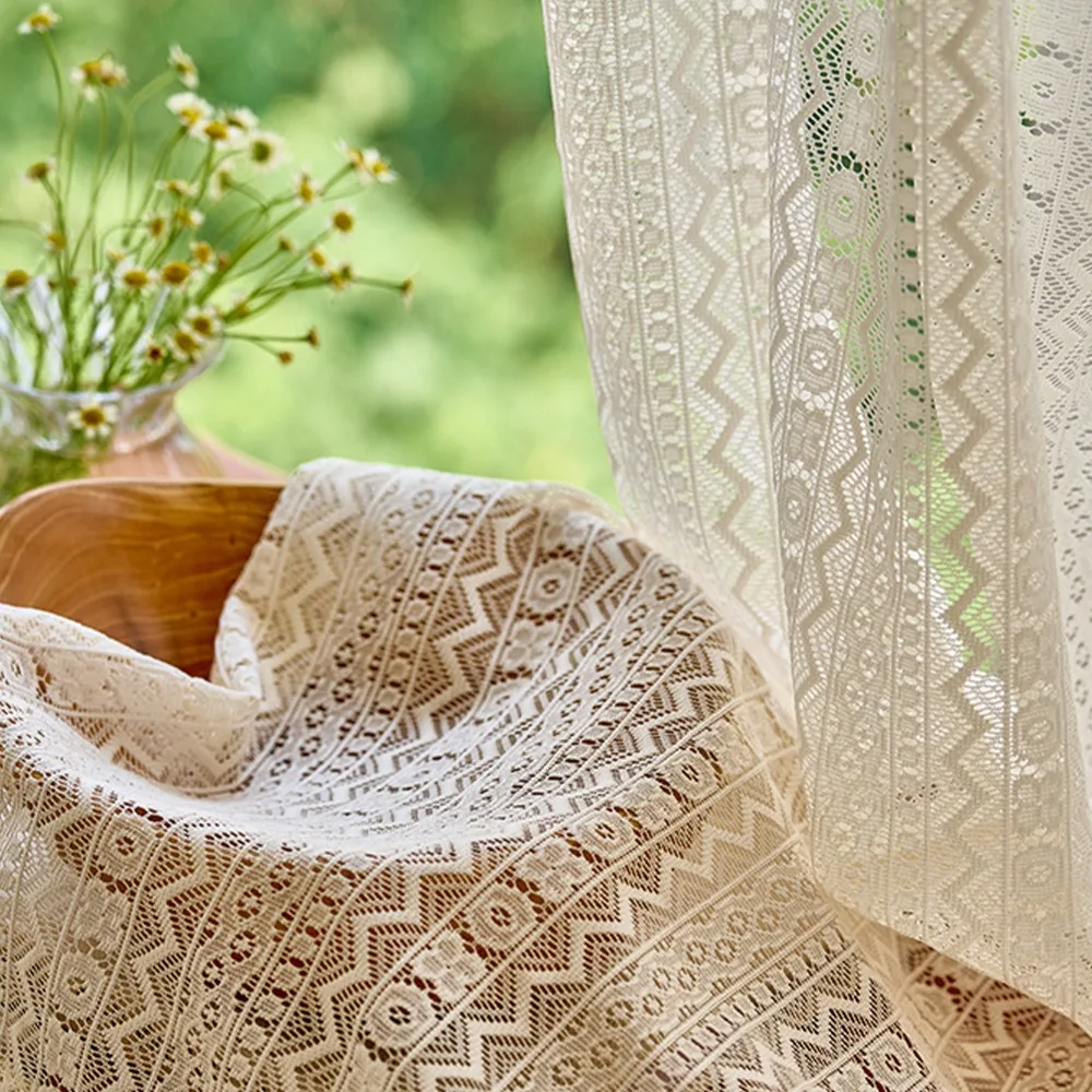 Window Treatment Translucent Crochet Curtain Beige Tassels Cotton Curtain Hollow Multi Size Hollow Curtain Bedroom