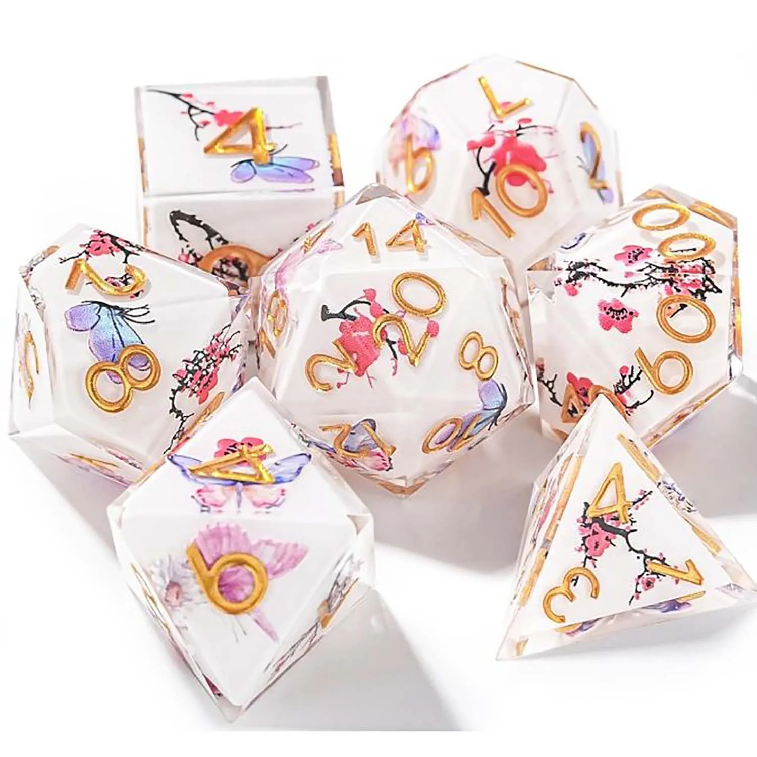 

7 шт., набор кубиков из смолы DND, цветы, бабочки, насекомые, золотая рыбка, многогранные многогранные игральные кости для D&D, COC, ролевые игры, ролевой игровой стол