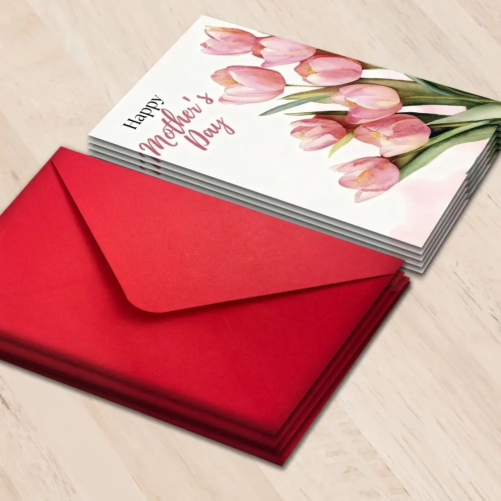 

10Pcs/Set Floral Pattern Mother's Day Greeting Card Folding Romantic Bouquet Thank You Card Handmade with Red Envelope