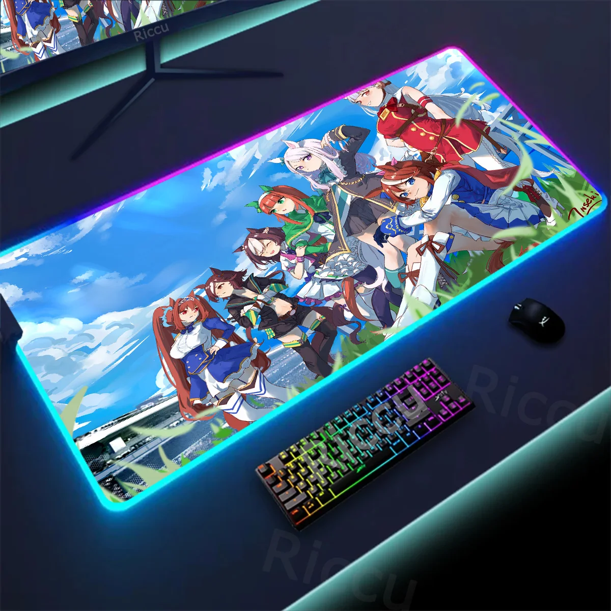 

RGB Mousepad Anime Pretty Derby Rice Shower Large Mouse Gaming Computer Mousepad XL HD Rubber Locking Edge Keyboard Mat non-slip