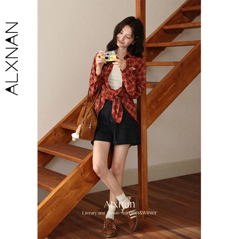 ALXNAN قميص منقوش خمر زهرة زر جيوب فضفاضة تناسب المرأة قمصان الخريف عادية تنوعا التنقل الإناث بلوزة L56836