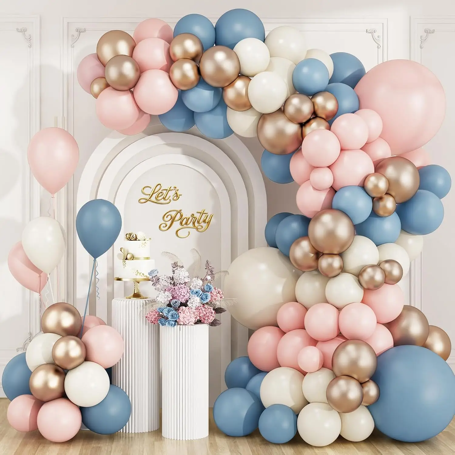 106Pcs Dusty Blue Sand White Pink Balloons Metallic Rose Gold Balloons for Baby Shower Gender Reveal Birthday Party Decorations