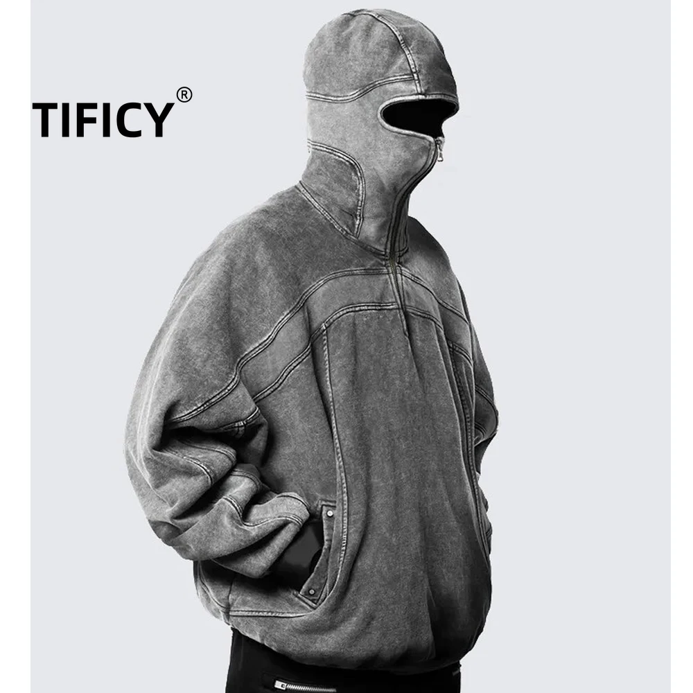 

High Street Hooded Sweatshirts Jacket Men's Single Hat Long Zipper Eyeless Hat Design Hooded Zipper Sweatshirt Tops