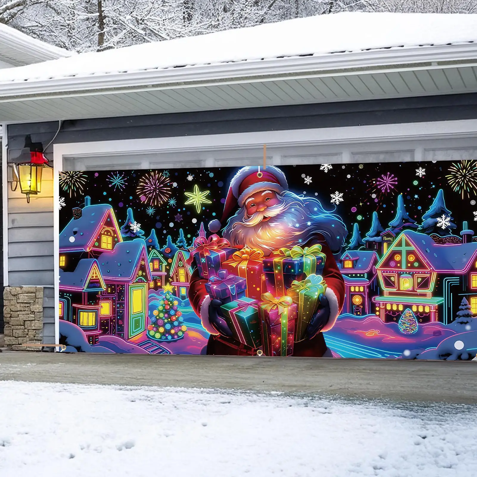 

Крышка гаражной двери, Рождество, 13x6 футов, УФ-флуоресцентный сезонный декор, праздничный фон для гаражных ворот для любителей DIY, дома