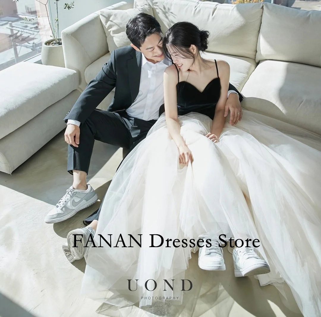 

FANAN Customized Evening Party Dresses Korea Tulle Spaghetti Straps Black and White Wedding Women Gowns Event Prom Gowns