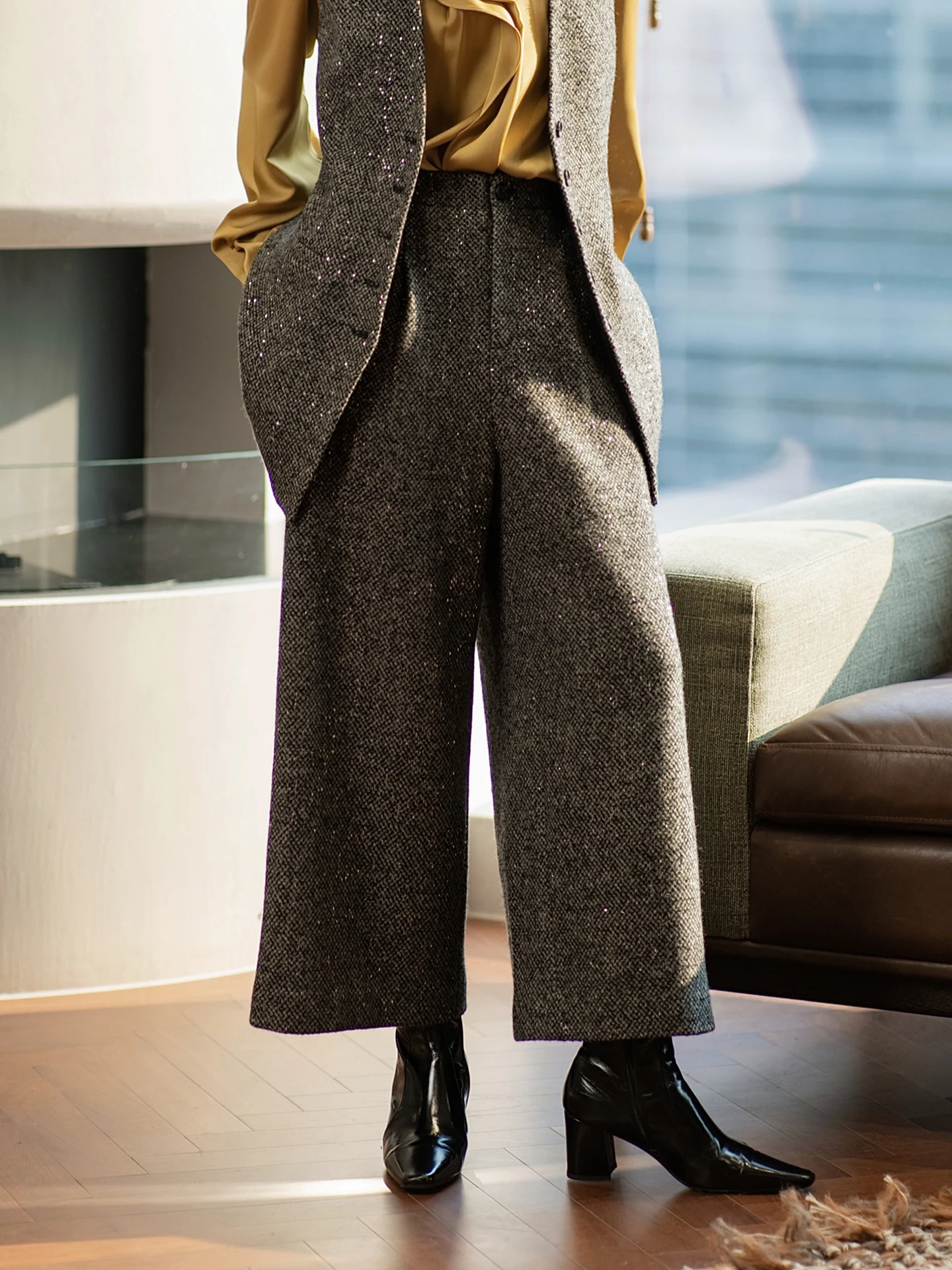 

Galaxy Pants Woolen Wide Leg Pants Women's Thiened Winter High Waist Straight Cut Wool Blend Casual Trousers