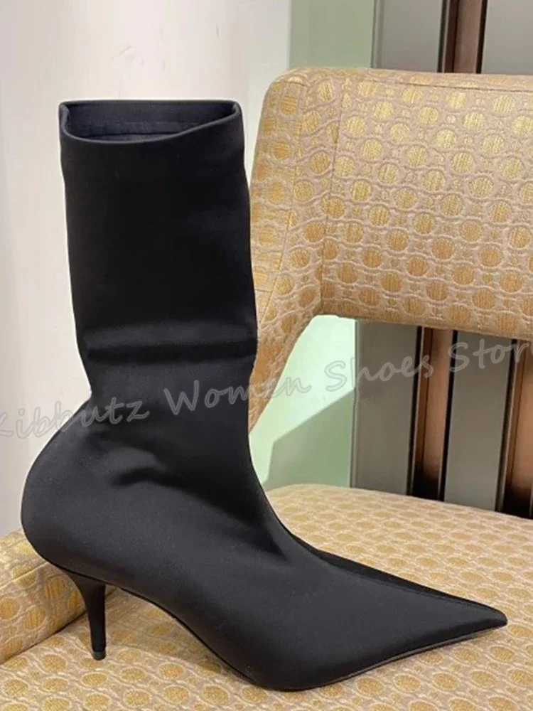 

Атласные ботильоны с острым носком на тонком каблуке, однотонные модные лаконичные ботильоны без шнуровки, новинка, роскошное вечернее платье, женская обувь, новинка