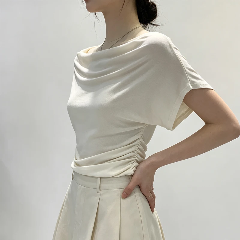 Women Draped Neck Short Sleeve Top Casual Loose Fit Knit Shirt Elegant Ruched Waist Blouse Daily Wear