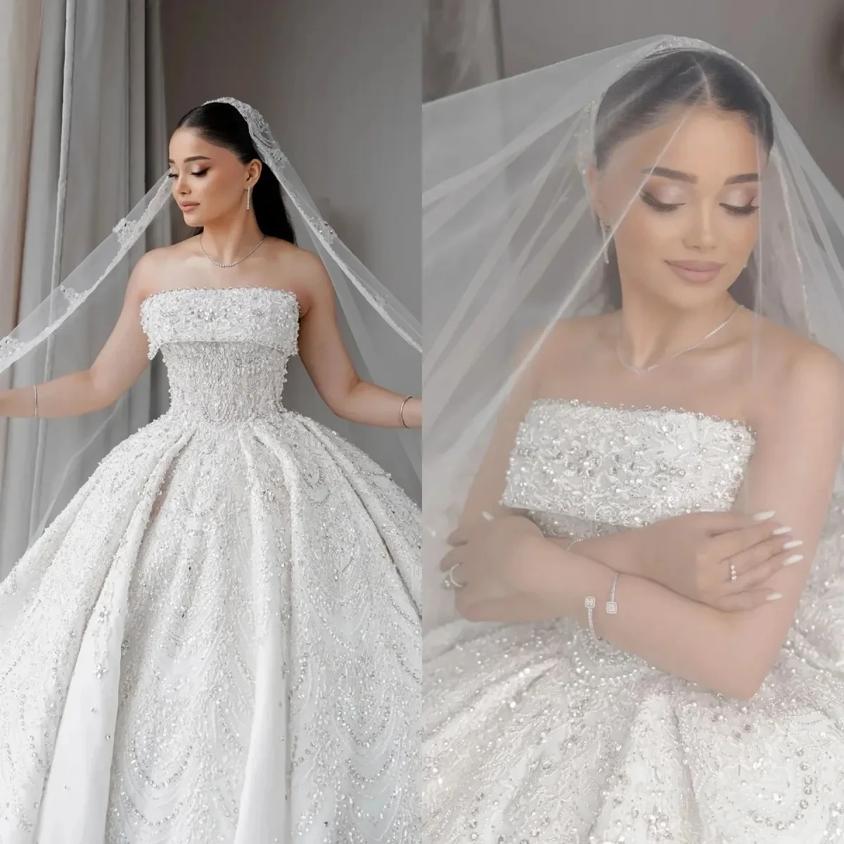 

Customized Exquisite Beaded Pearls Ball Gown Wedding Dress Sequined Appliques Bridal Gowns Arabic Strapless Sleeveless vestido