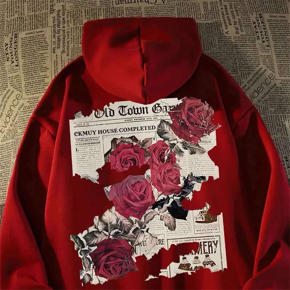 2026Men's graphic bright rose print cotton hooded sweatshirt American style personalized streetwear casual hooded sweatsh