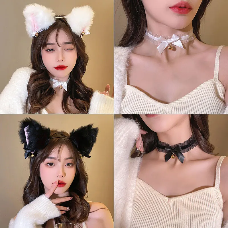 Plush Rabbit Sexy Cat Ears Headband for Women Girls Lace Bow Necklace Plush Bell Hairband Cosplay Masquerade-Party Costume Hair