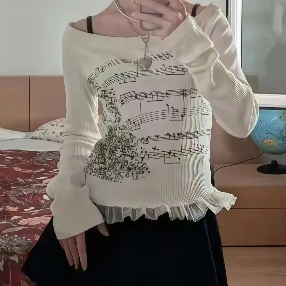 

New Music Note Print Off-Shoulder Top Ruffle Trim Patchwork Design Long Sleeve Top Elegant Round Neck Boat Neck Top Women