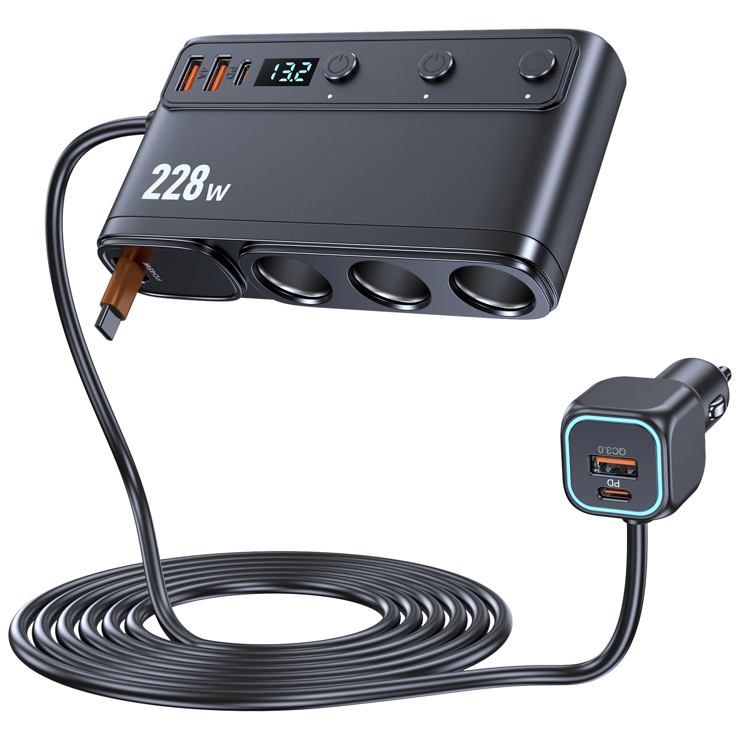 9in1 12V/24V Cigarette Lighter Splitter 228W USB Car Charger Adapter QC3.0 PD45W Cable with LED Voltage Display Car Accessories