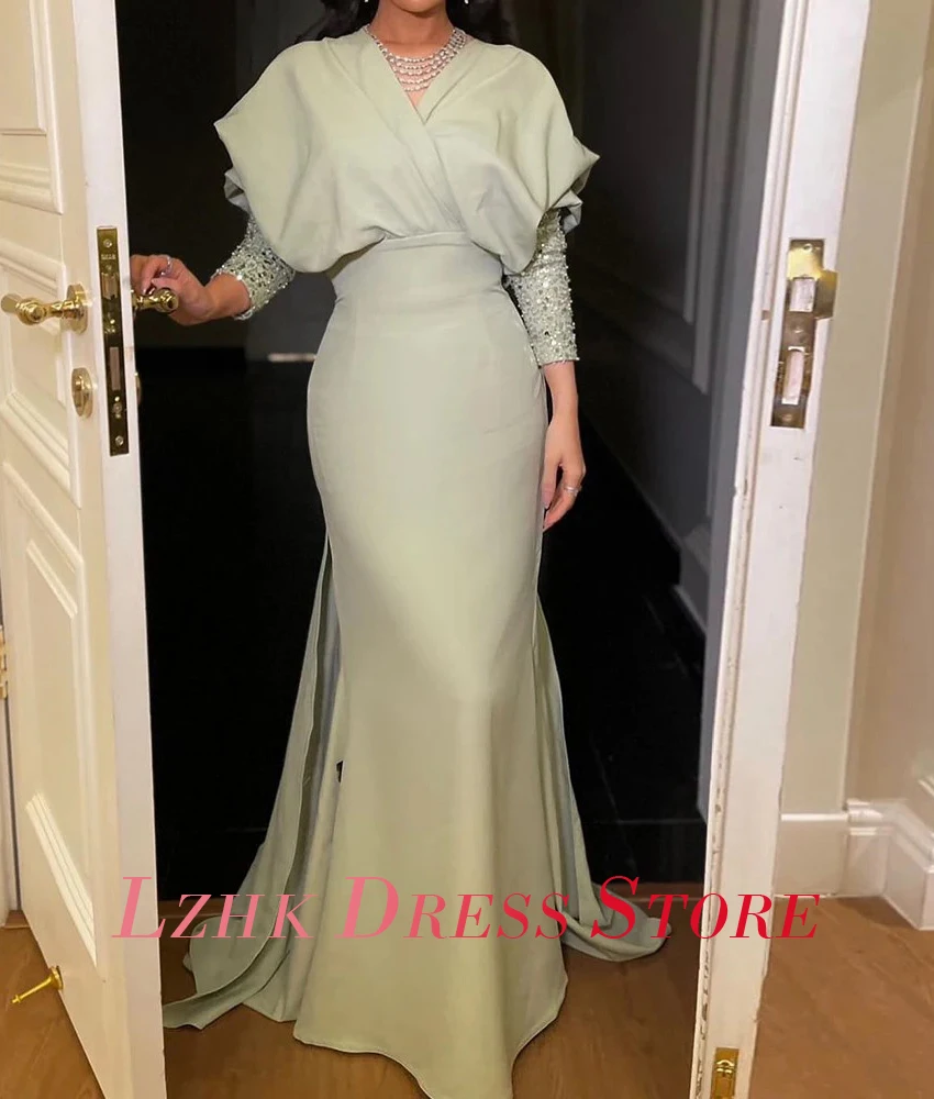 カスタマイズされた優雅なジャージーマーメイドクリスタルスパンコールイブニングドレス繊細な長袖Vネックフロアレングスホームカミングドレス