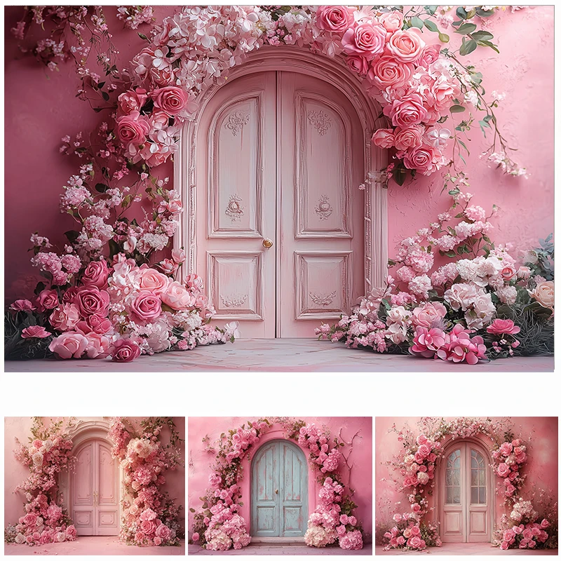 

LS Spring Photography Background Pink Floral Arch Valentine's Day Decor Props Kids Adult Wedding Art Portrait Photo Backdrop