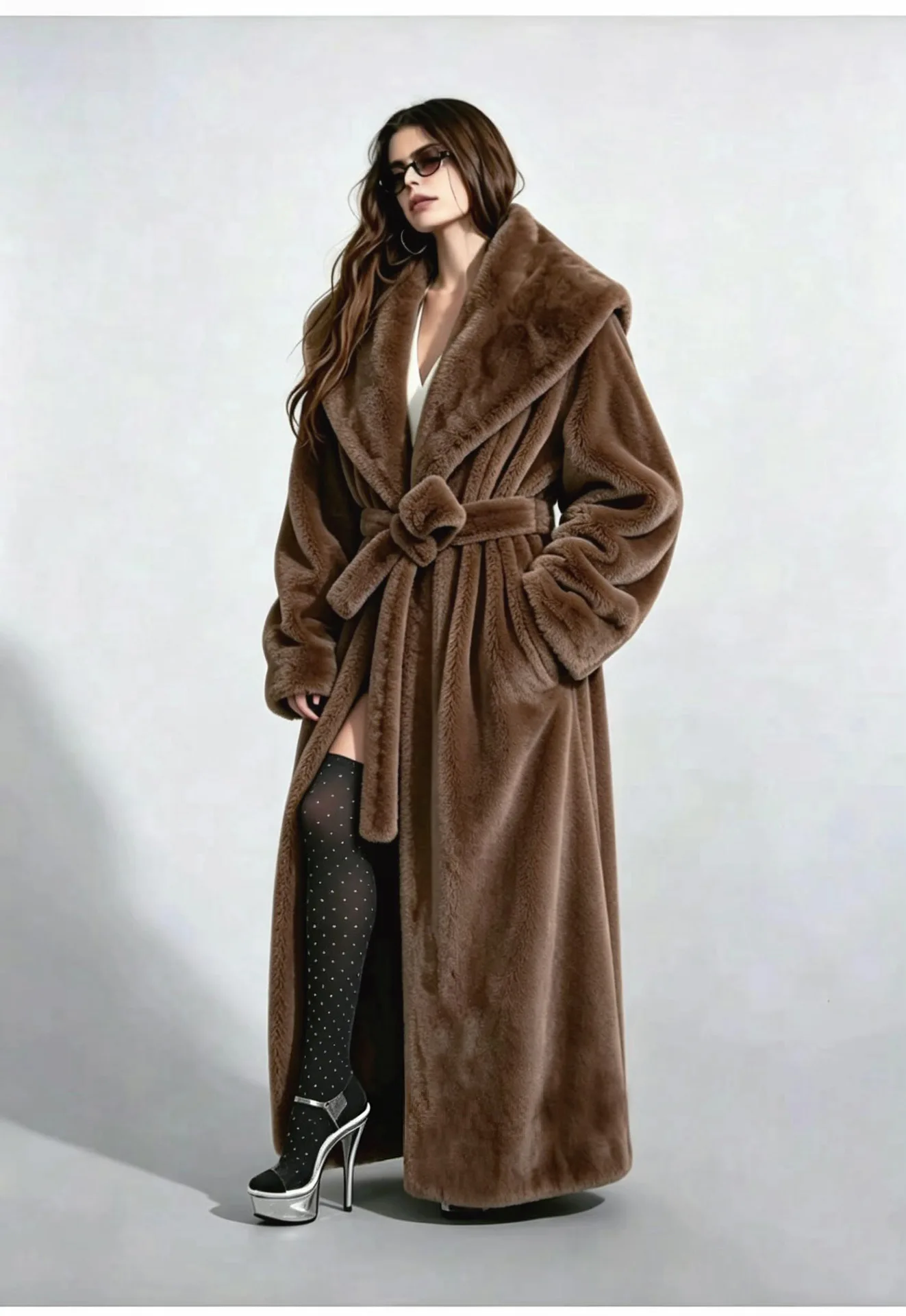 Long Coats Women Faux Fur Jackets Turn Down Collar Coat Thick Warm Y2k Streetwear Jacket Work Lace Up Tight Waist Autumn Winter