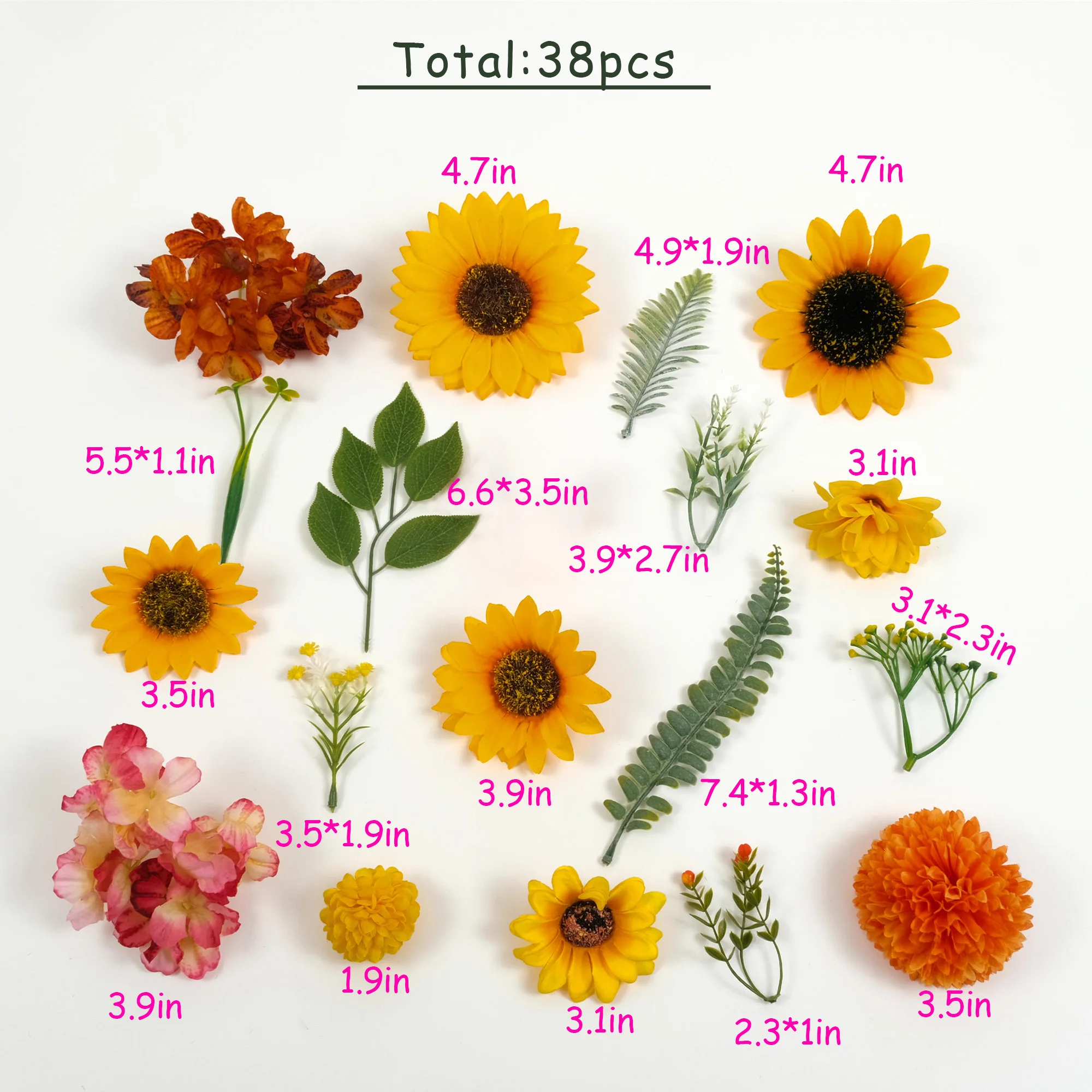 Loose Artificial Silk Flower Head Combo Set / 38PCS Fake Sunflower Green Leaf Kit For DIY Crafts Bouquets Floral Arrangemnet