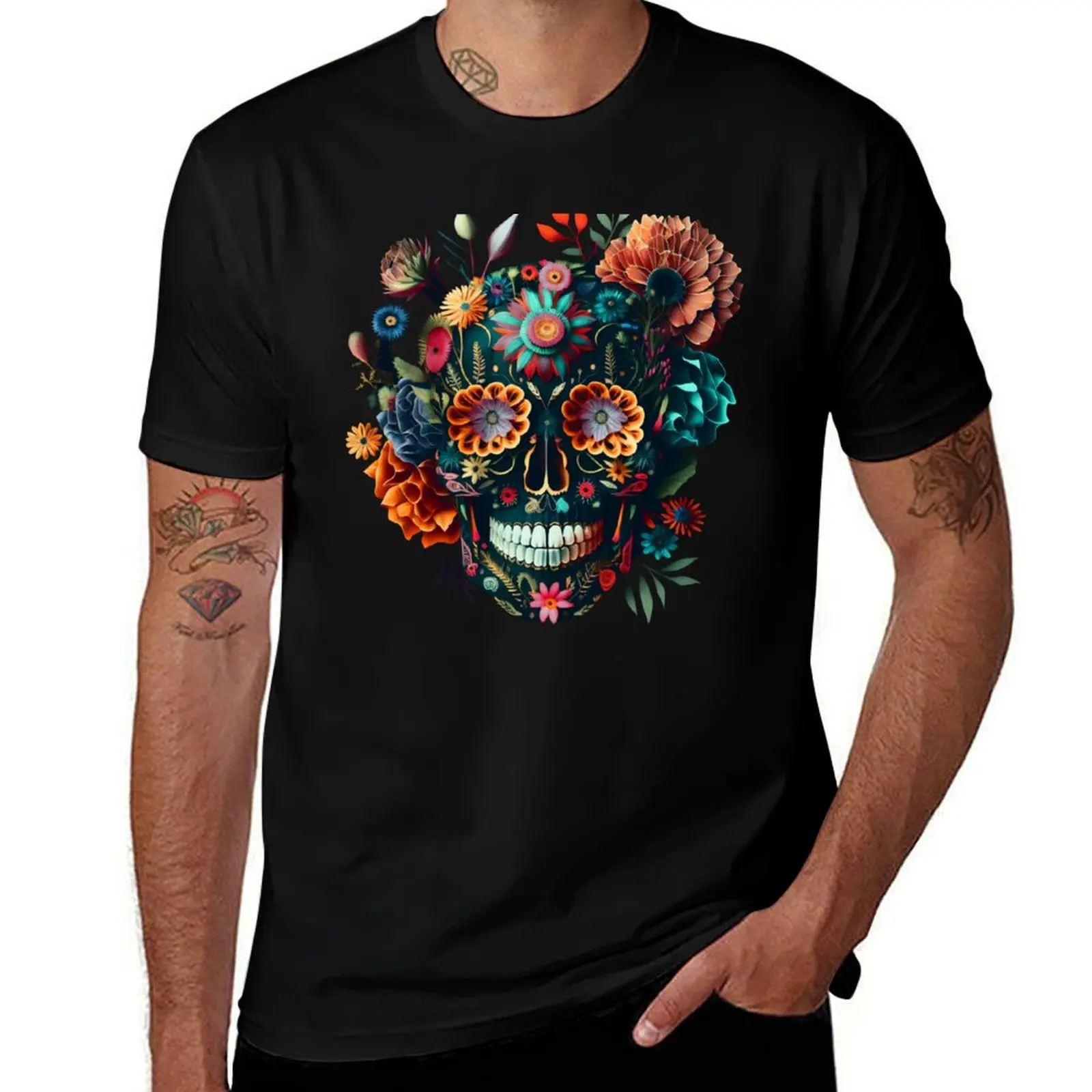 Cráneo de azúcar con flores, cráneo mexicano, Dia de los muertos, Día de los muertos camiseta hombre camiseta