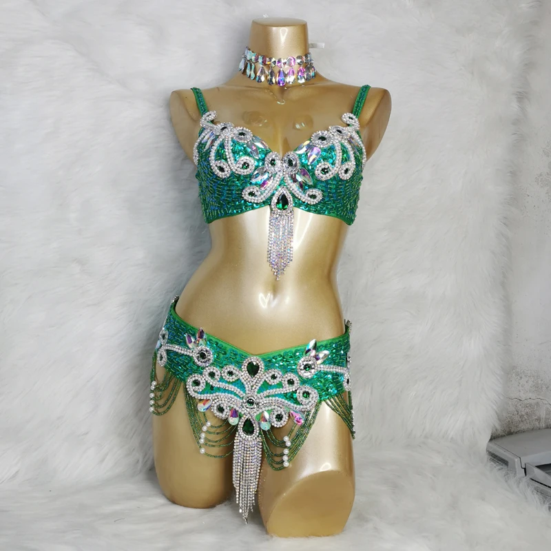 Costumi per spettacoli di danza del ventre Reggiseno + cintura 2 pezzi Cintura a catena fatta a mano sexy per le donne Performance Carnevale Strip Dance Outfit