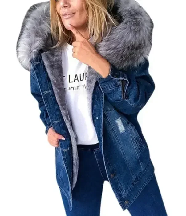 New 2024 Fashion Hooded Big Fur Collar Denim Jacket Women Casual Warm Mid-length Ripped Coat Denim Jacket for Women Denim