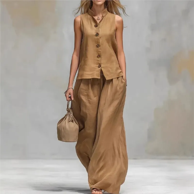 

Women Fashion Stand-up Collar Sleeveless Single-breasted Top + Trousers Two Piece Set Summer Pocket Loose Wide-leg Trousers Suit
