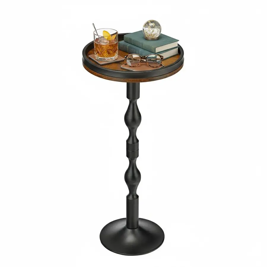 

Round Side Table,Drink Table with Weighted Base,Industrial Metal amp Wood Pedestal End Table with Tray Top, Martini Table for Sm