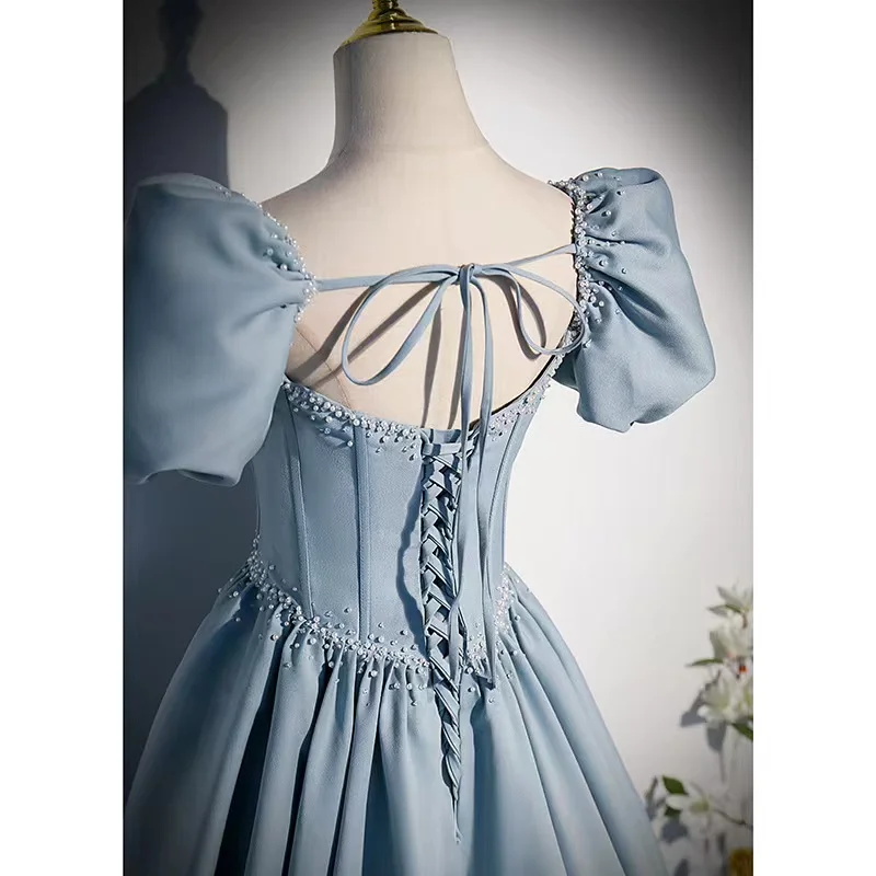 

Blue Elegant Prom Dress Sweetheart Empire Puff Sleeve Pearl Bow Backless Floor Length Lace Up Simple Pleat Formal Party Gown New