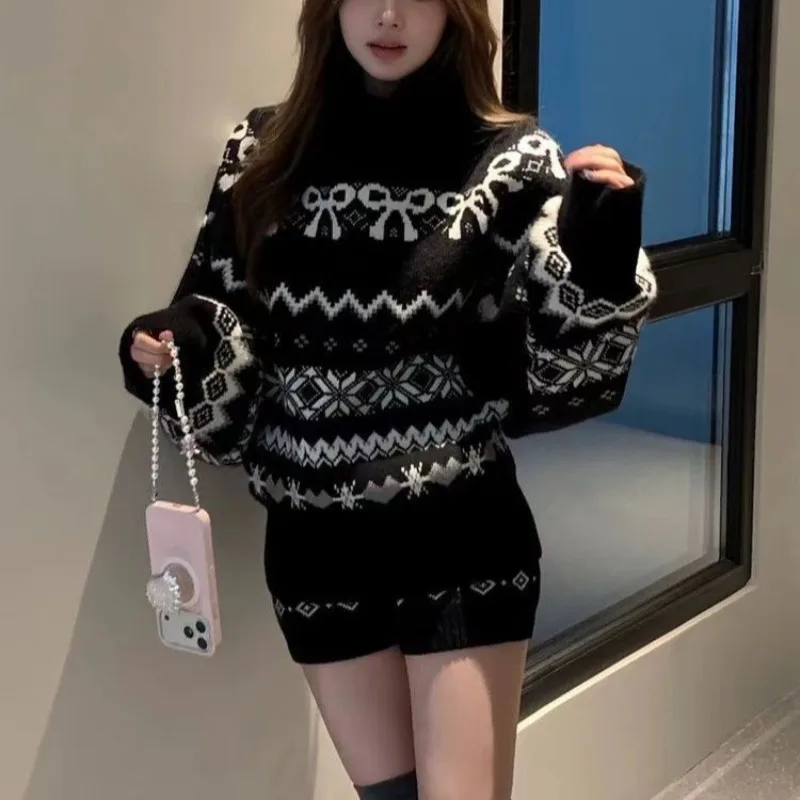 

Свитер, женский пуловер, новая мода, европейские и американские осенне-зимние свободные шорты с высоким воротником, комплект из двух предметов