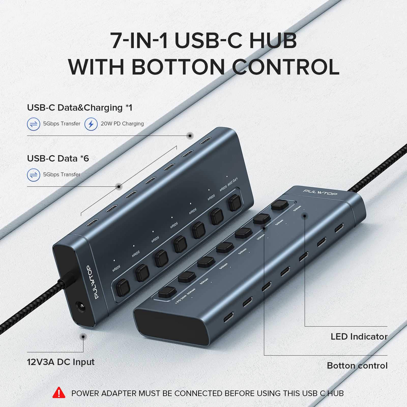PULWTOP 5Gbps  USB C Hub with Independent Switch 7-Port 20W PD Charging for Laptop Accessories