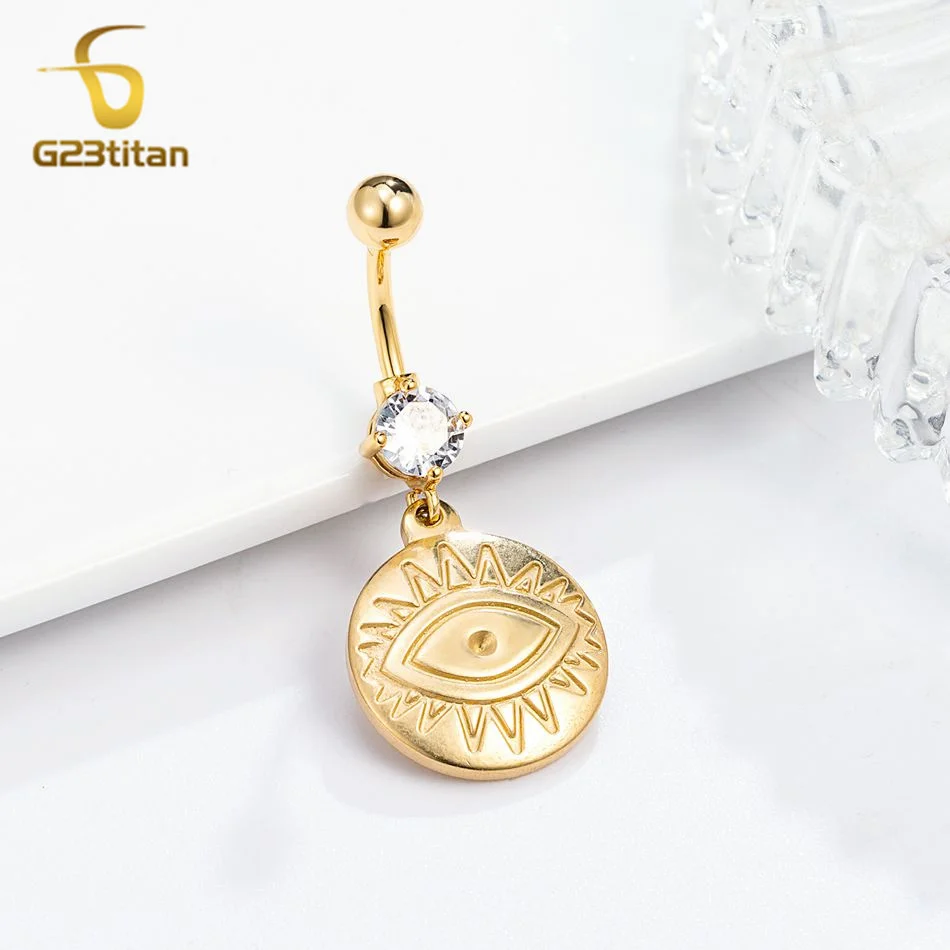 Turkey Evil Eye Golden Stainless Steel Navel Piercing Jewelry G23 Titanium Barbell Zircon 1.6mm 14G Surgery Body Bar Belly Rings