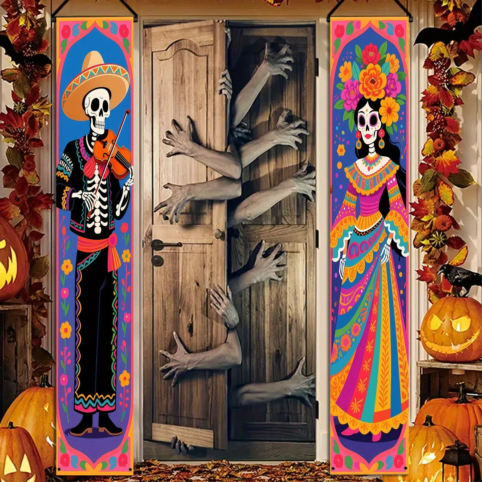 2 Stück Mexikanisches Dia De Los Muertos Türbanner Zuckerschädel Skelett Hängeschild Halloween Tag der Toten Fiesta Party Dekorationen – Detail 4