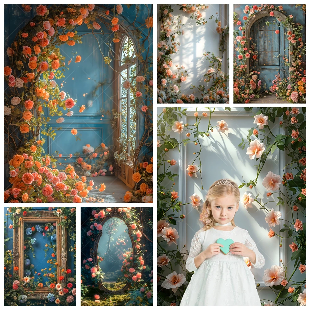 Flower Wall Photography Background Custom Wedding Arch Door Backdrop Rose Retro Frame Pregnant Woman Portrait Photo Studio Props