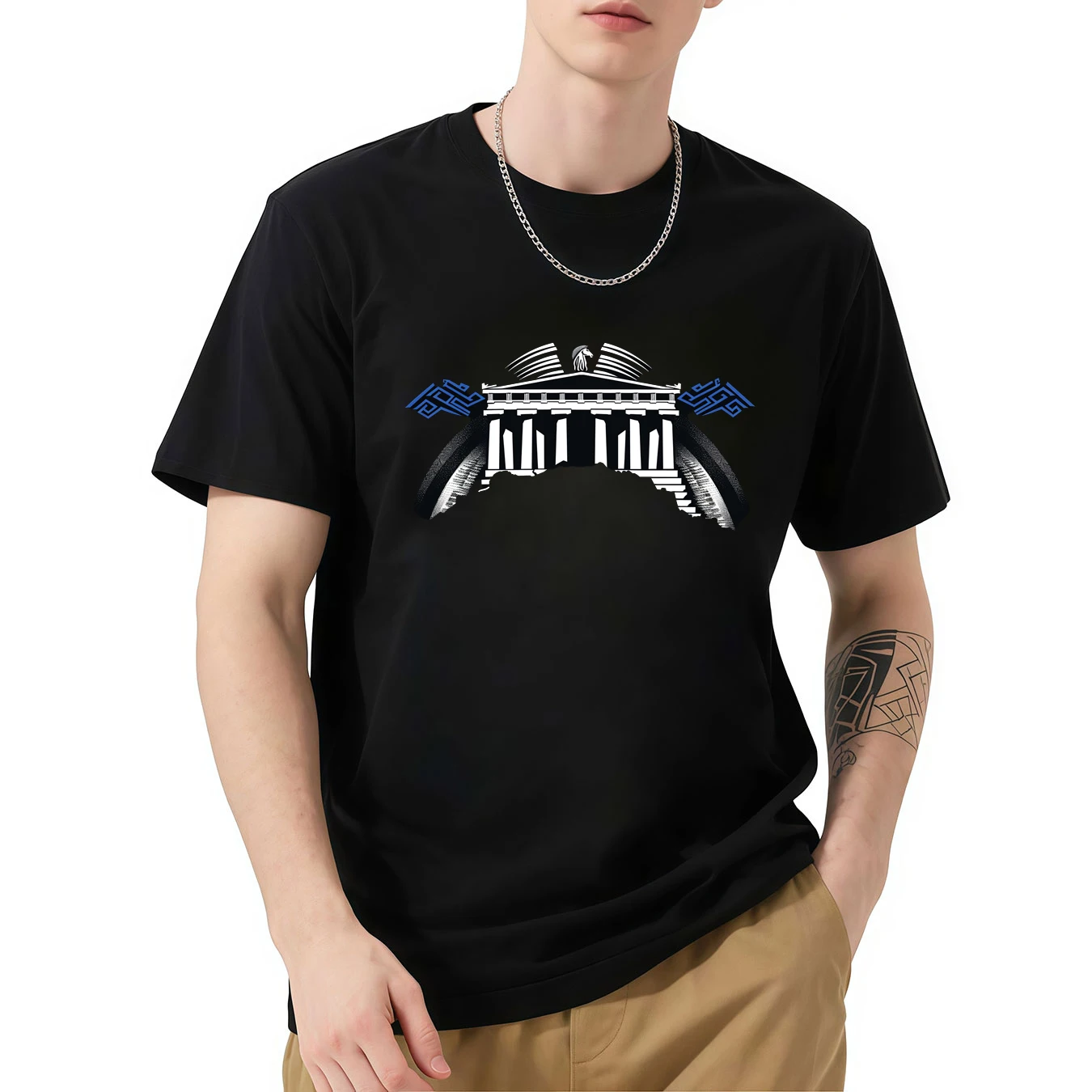 

Men's Casual T - shirt with House Pattern Print, Comfortable Short - Sleeve Tee, Fashionable Daily Wear Top for Guys