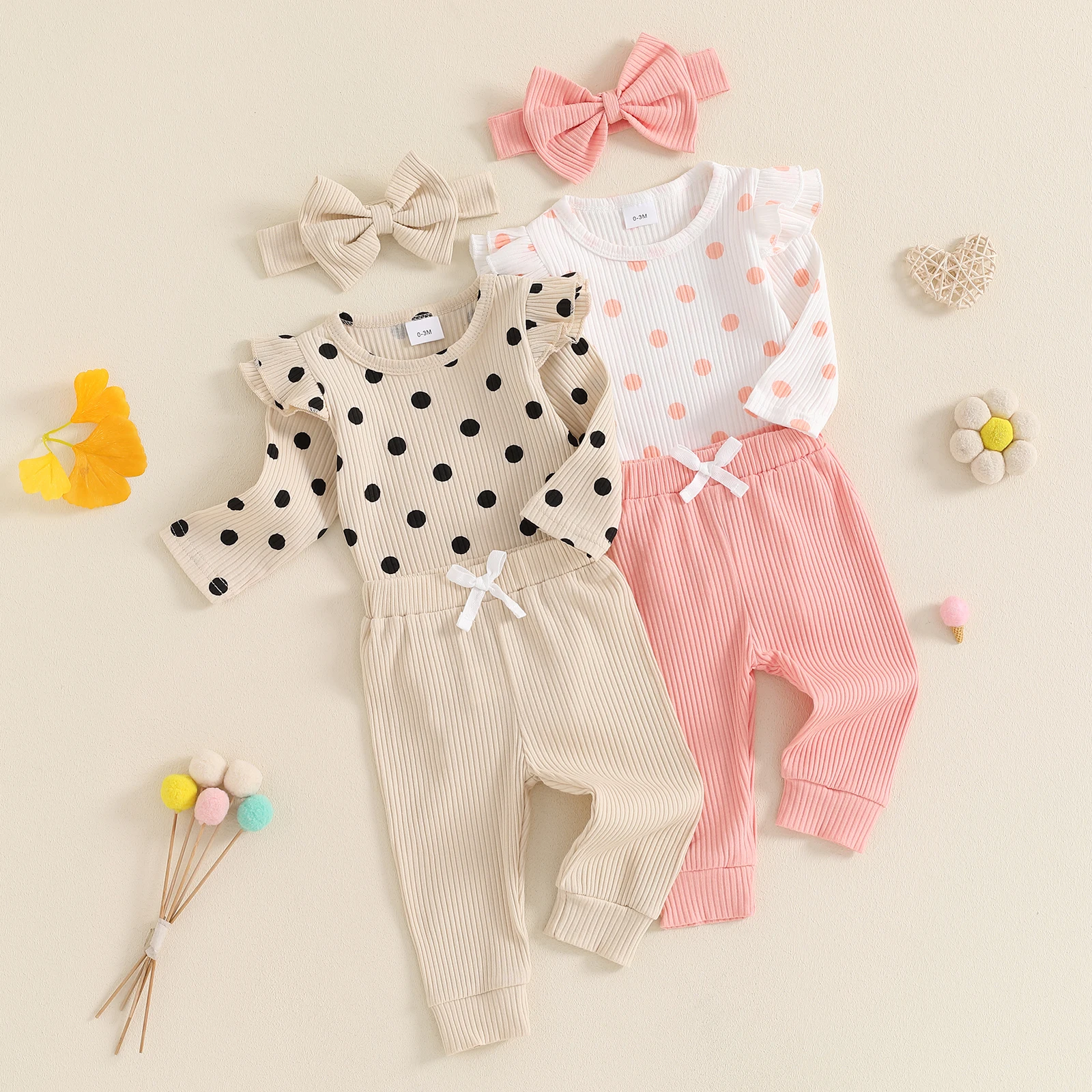 Baby Clothing Girls Fall Outfit Long Sleeve Dots Print Romper with Pants and Bowknot Headband Newborn Clothes Set