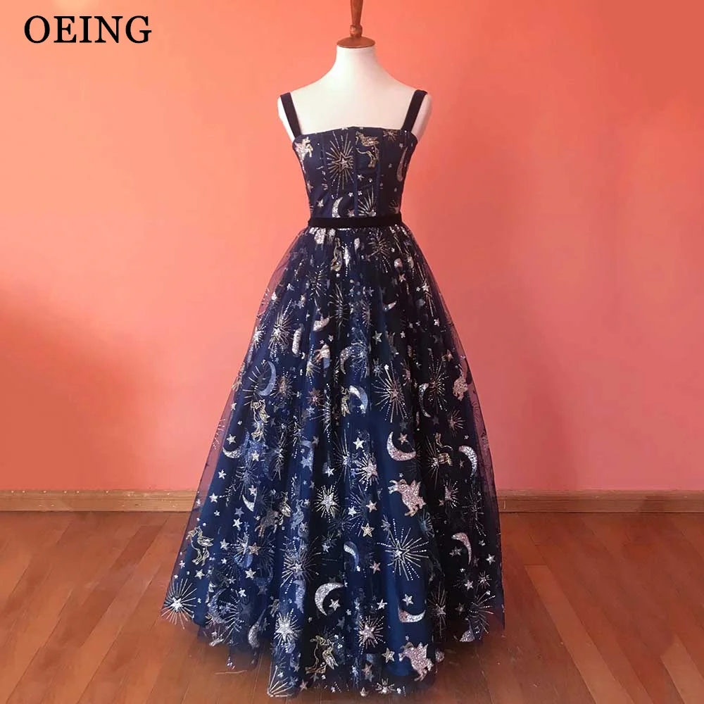 

OEING Fairy Princess Prom Dress Navy Blue Spaghetti Strap Long Prom Gown Pastrol Tulle A-line Party Dress Vestidos De Noche