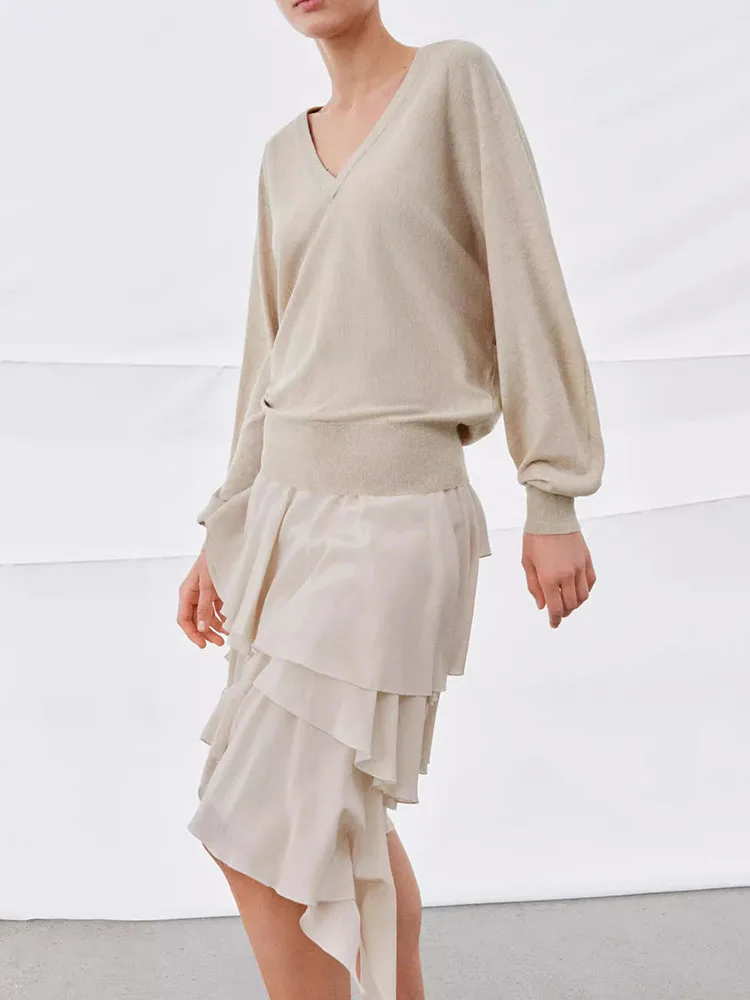 

Весна 2026: Новая модная женская трикотажная кофта с длинным рукавом и V-образным вырезом, универсальный повседневный свободный крой, вязаный топ для женщин