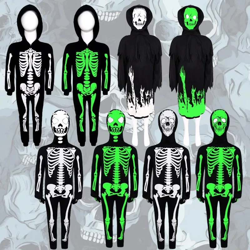 Fantasia de esqueleto qq28lqhalloween para crianças, macacão fantasma que brilha no escuro, festa de carnaval, body zentai, performance de palco o