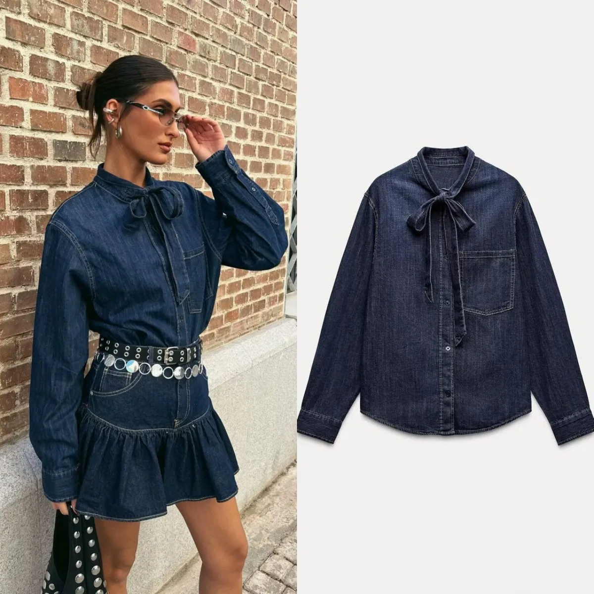 TRF Butterfly Bow Denim Shirt for Women traf 2024 New Fashion Soft Tied Design and Long Sleeve Casual Shirt