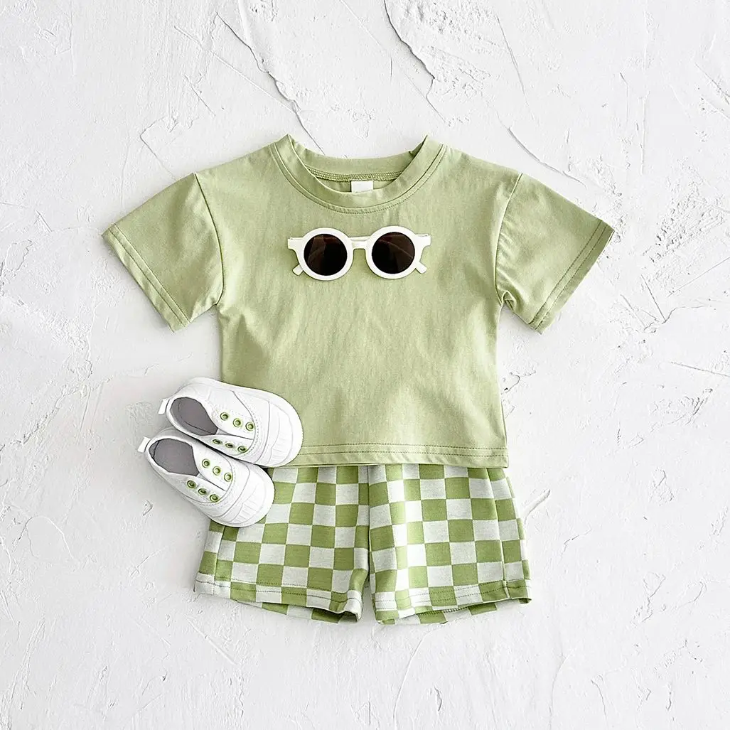 2PCS Kids Clothes Boys Girls Summer Outifts Solid Color Short Sleeve T-shirt Plaid Pattern Shorts Sets Baby Clothing Sets 0-3Y