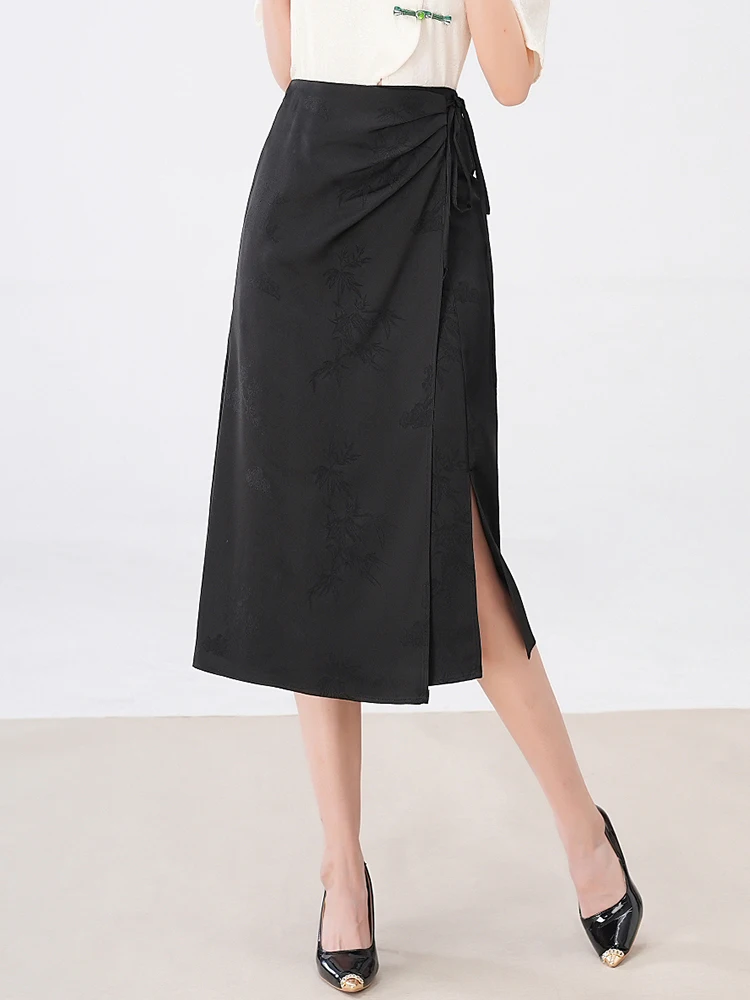 

New Chinese Style Embroidered Satin Half Skirt Women's Spring Summer High Waist A-Line Midi Length Wrap Body Skirt