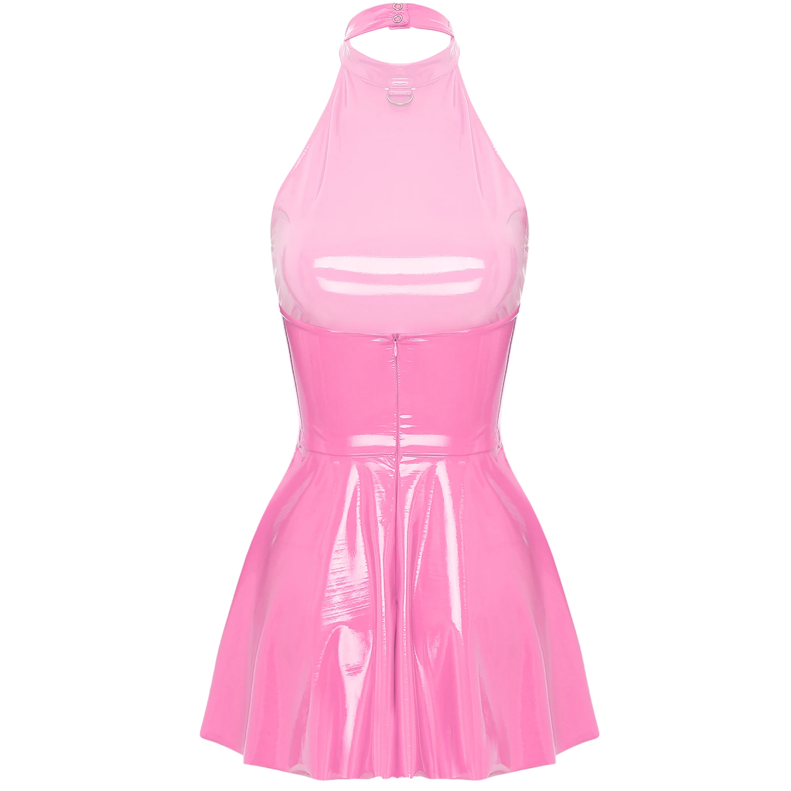 Glossy Patent Leather Glossy Dress for Womens Halter Sleeveless Skater Mini Dress Disco Party Swing Skirt Dress Latex Clubwear