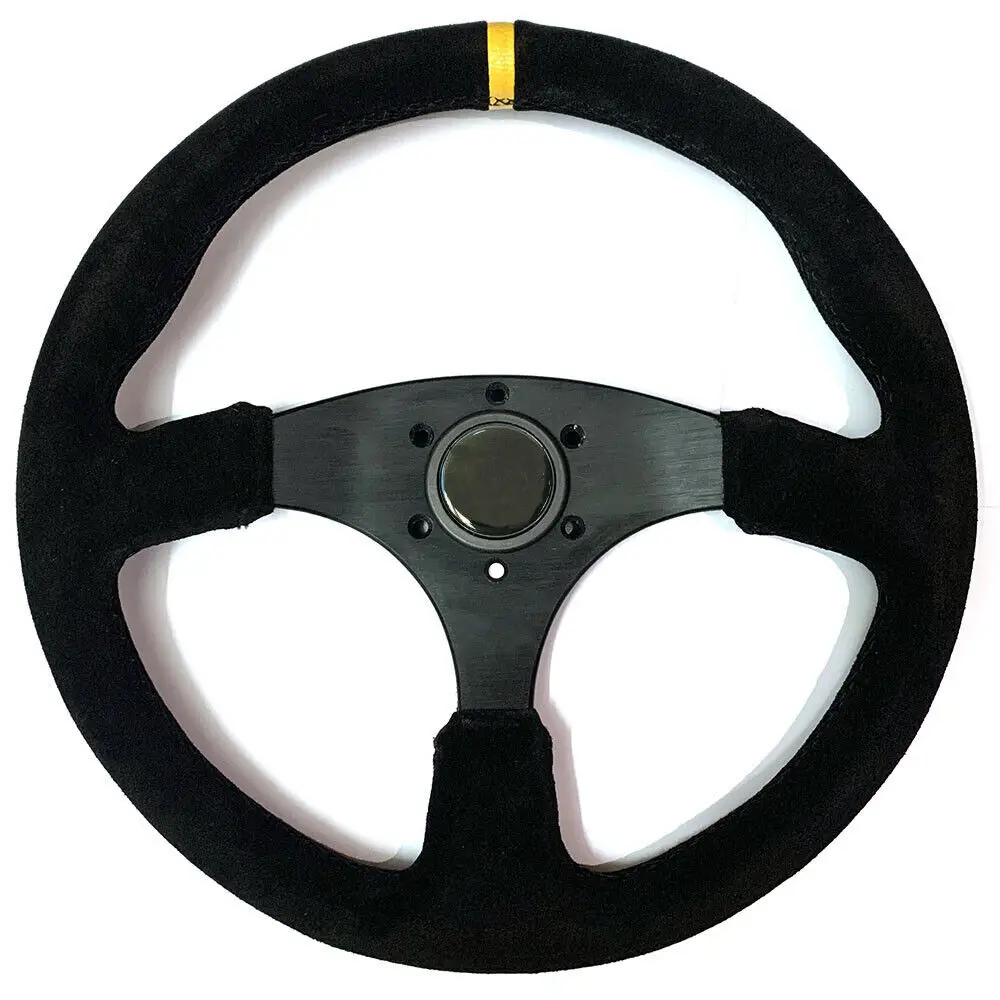 Universal Black/Yellow Suede Leather Flat Dish Racing 14in/350mm Steering Wheel