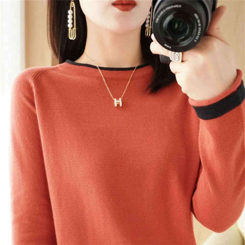 

Women's Cotton Color-block round Neck Sweater Spring Korean Style Loose Thin Base Shirt Casual Female Clothing