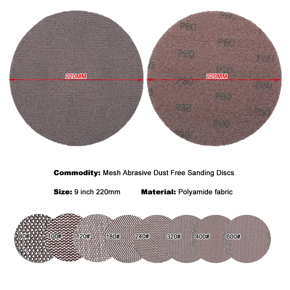 10Pcs 9 Inch 220mm Mesh Abrasive Hook and Loop Sand Paper Dust Free Sanding Discs Anti-blocking Dry Grinding Sandpaper 80 to 600