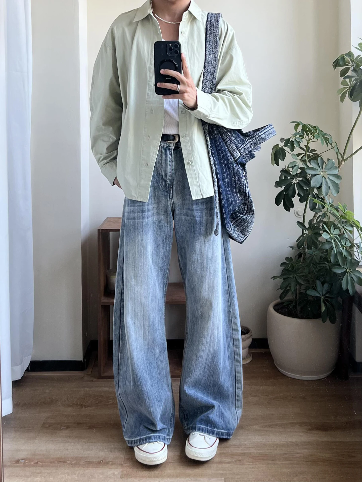 

Light Blue Bamboo Bud Wide Leg Men's Jeans Casual Bootcut Straight Leg Trousers Autumn High Waist Waed Denim Youth Faion