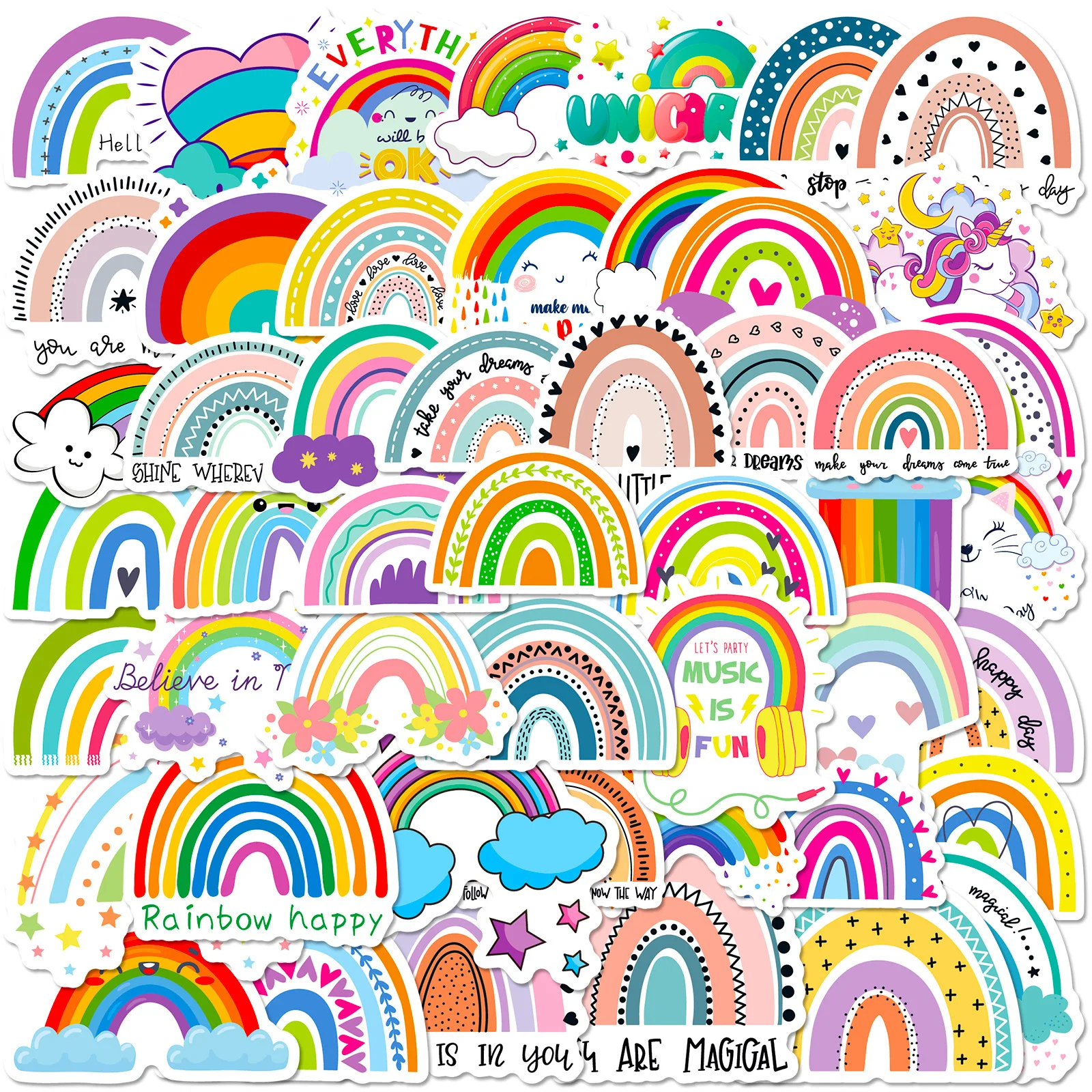 50 - 100 PCS Vibrant & Cute Sticker Packs - Rainbow, Cat, & Random Mix  - Perfect for Rewarding Kids, Journaling, & DIY Projects