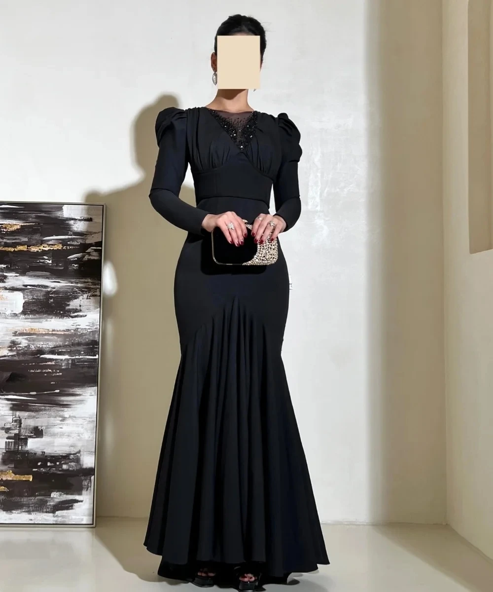 

Black Beaded Long Sleeves Bespoke Occasion Gown Evening Dresses Pastrol Unisex Jersey Retro Dubai Saudi Arabic Prom Customized